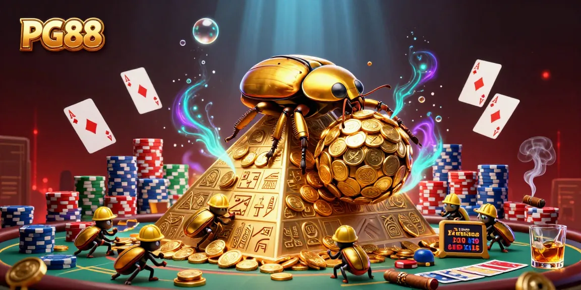 Experience PG88 with a golden dung beetle rolling coins in a vibrant casino scene.
