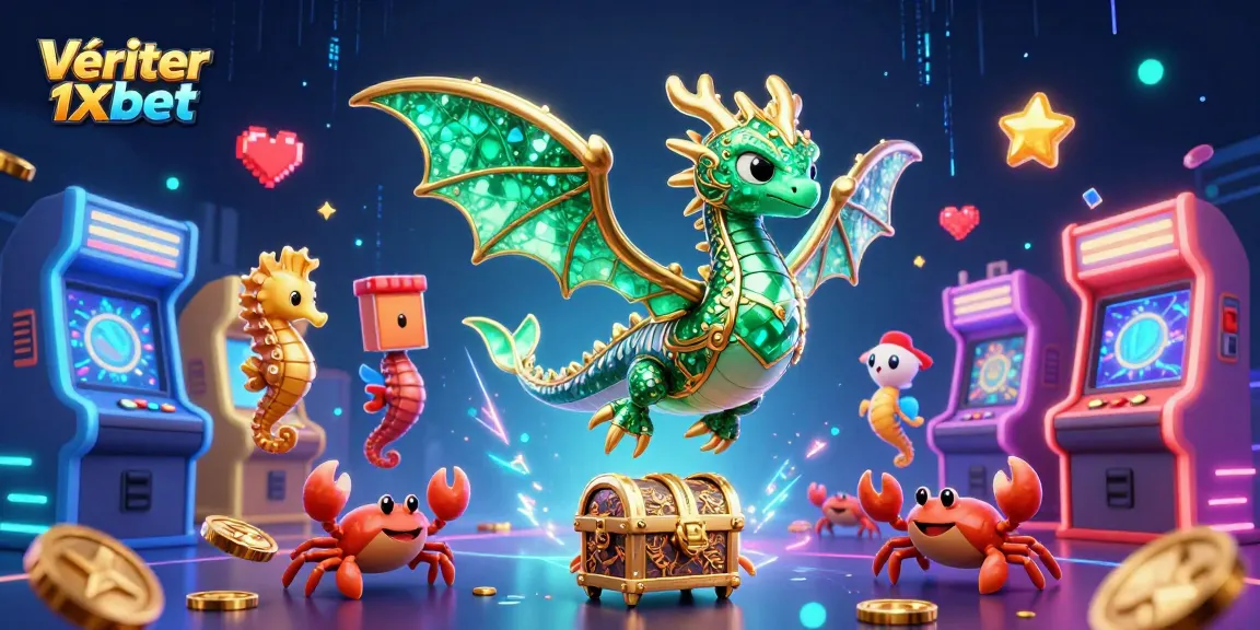 Vérifier coupon 1xbet facilement avec cette illustration dynamique de dragon marin et éléments de jeu.