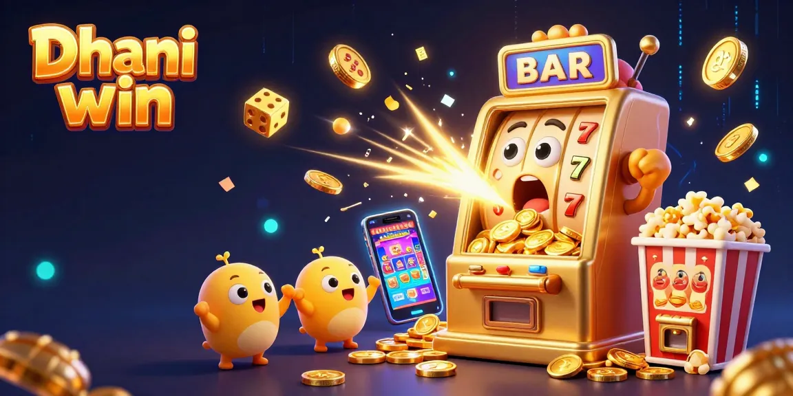 Dhani win, a vibrant illustration of a slot machine hitting a jackpot with coins, cheering machines and neon effects.