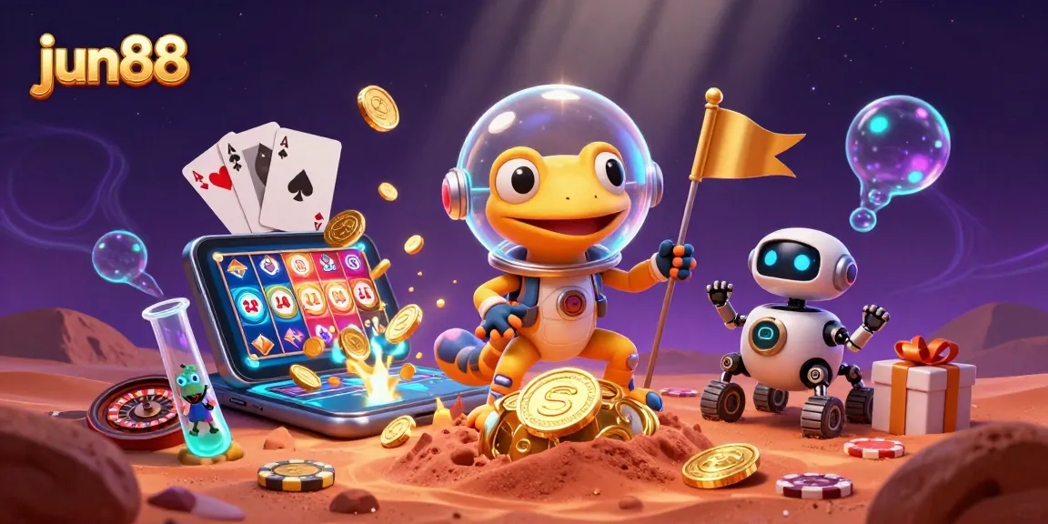 Engage with jun88's gaming universe as a Martian gecko discovers a golden casino on Mars.