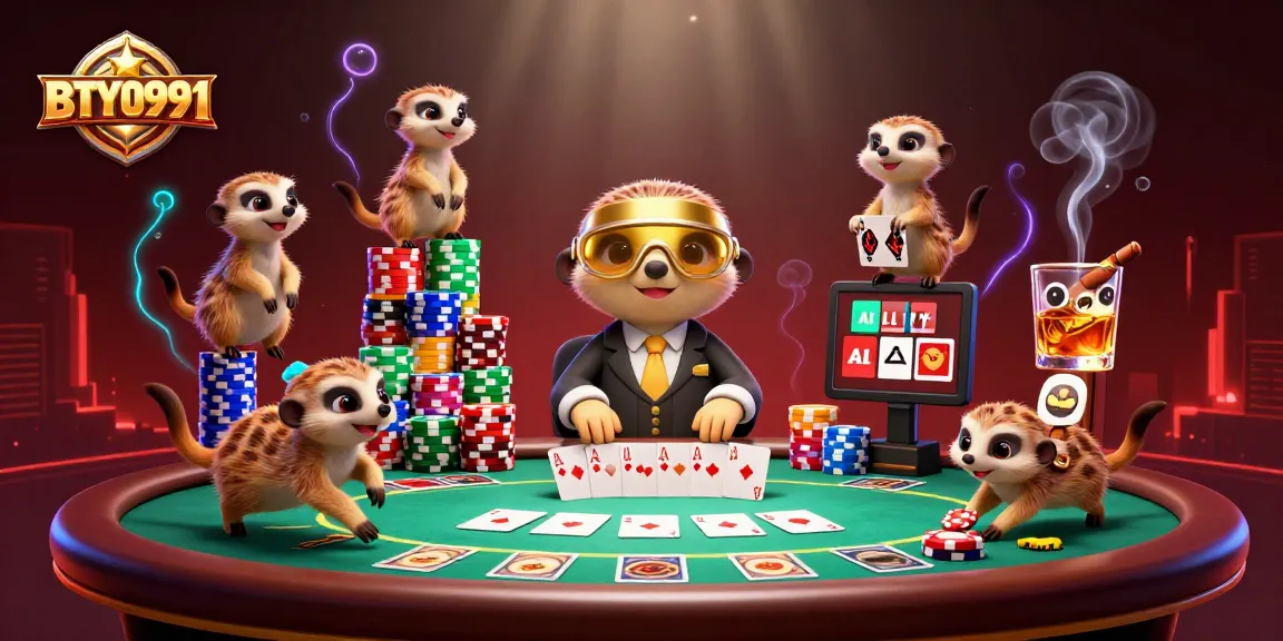 Engage with BTY0991's lively meerkat casino scene, showcasing games and vibrant decor.