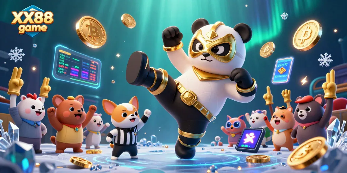 Experience intense action in the XX88 game with a vibrant 3D scene featuring a flying wrestler panda and animal spectators.