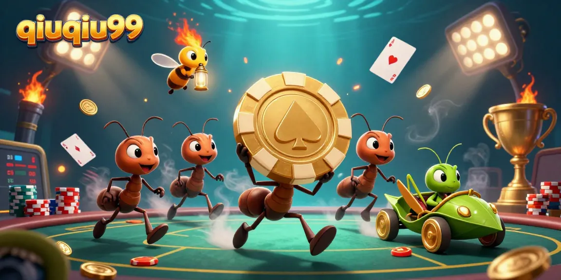 Experience the world of qiuqiu99 with a team of ants heisting a golden poker chip in this vibrant casino scene.