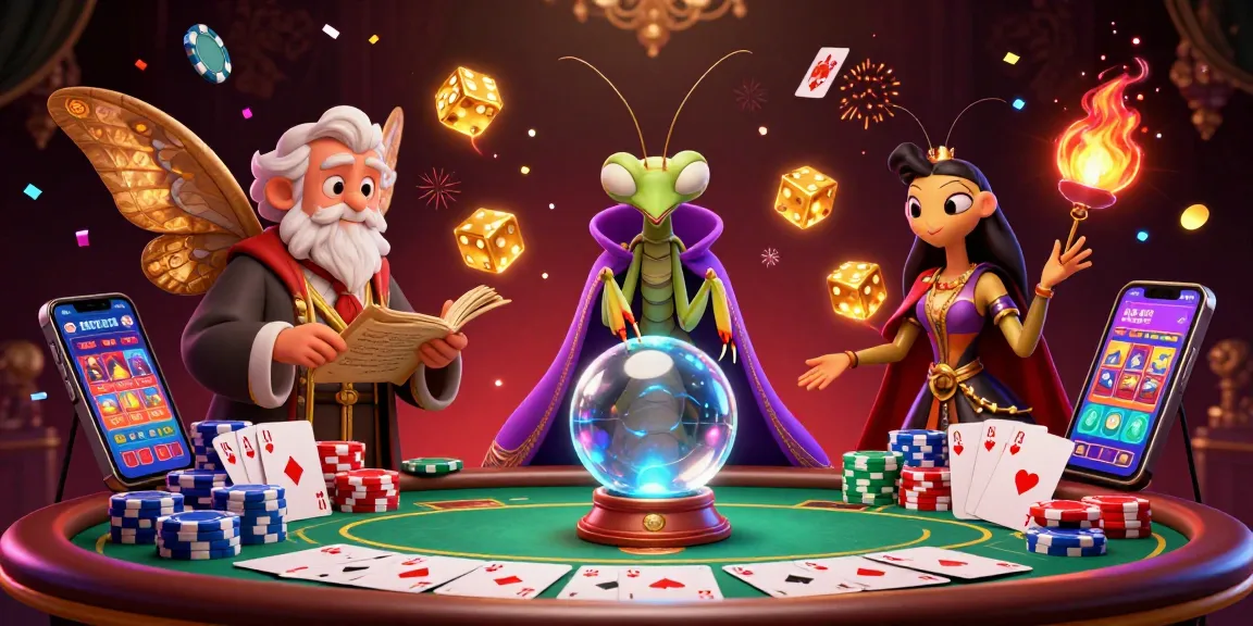 Permainan idn poker online menampilkan kartu poker dan keripik yang berkilauan di latar belakang mistis.