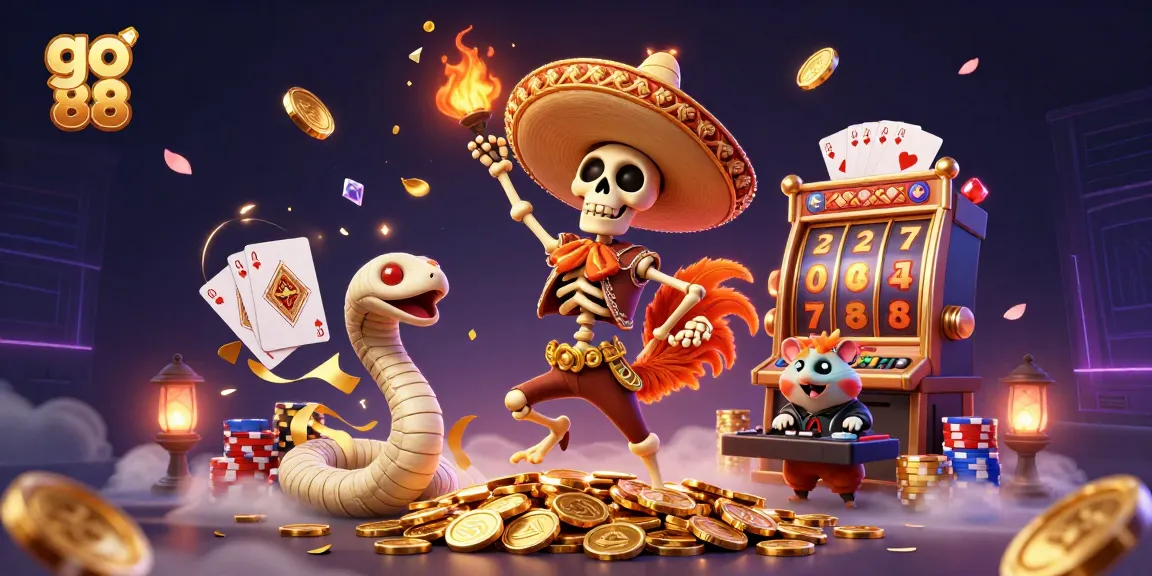 Experience the excitement of go 88 with a vibrant casino-themed scene featuring dynamic characters and gaming elements.