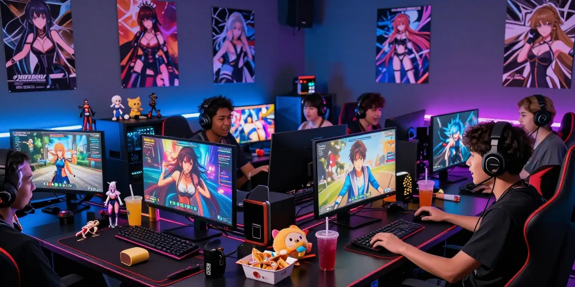 Players engaged in immersive hentai games in a colorful gaming setup.