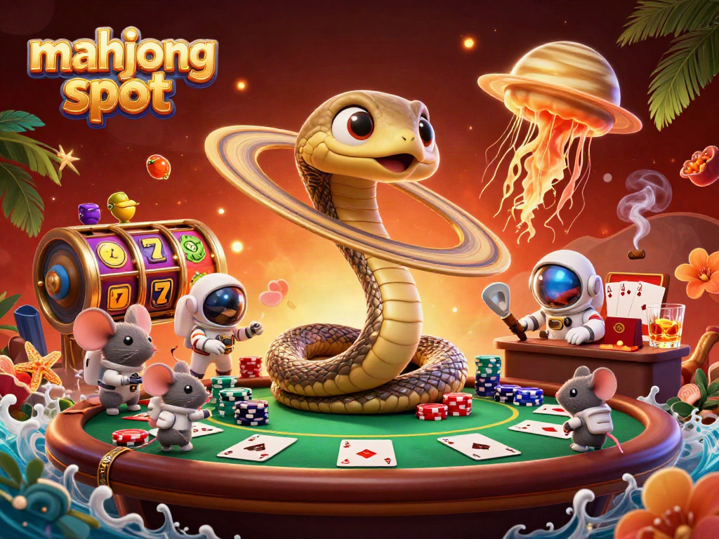 Experience mahjong slot excitement with a dynamic scene of cosmic casino elements and characters.