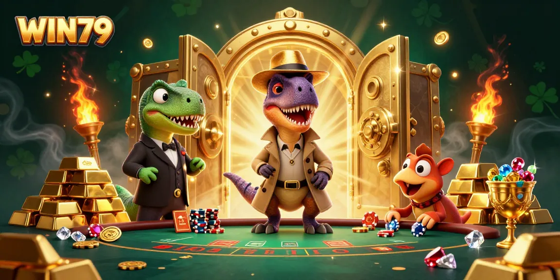 WIN79 engages players with a velociraptor card counter amid vibrant casino elements.