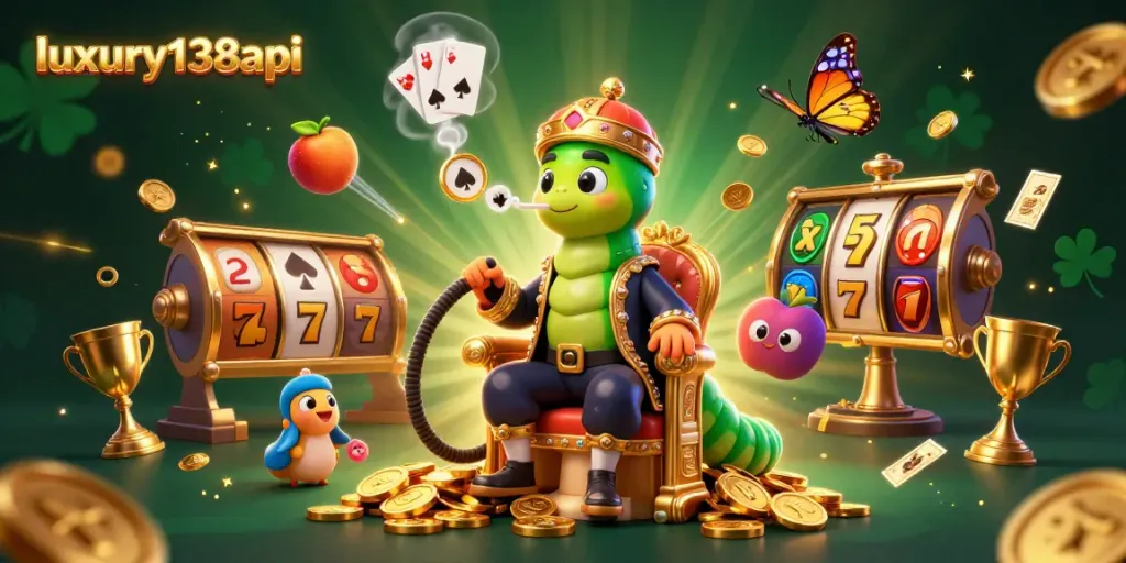 Experience exhilarating gaming with luxury138api's stunning 3D casino scene featuring animated slot reels and a lively caterpillar character.