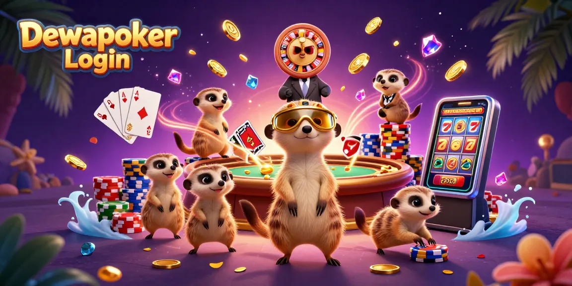 Win big with Dewapoker Login in this vibrant scene of meerkats in a casino