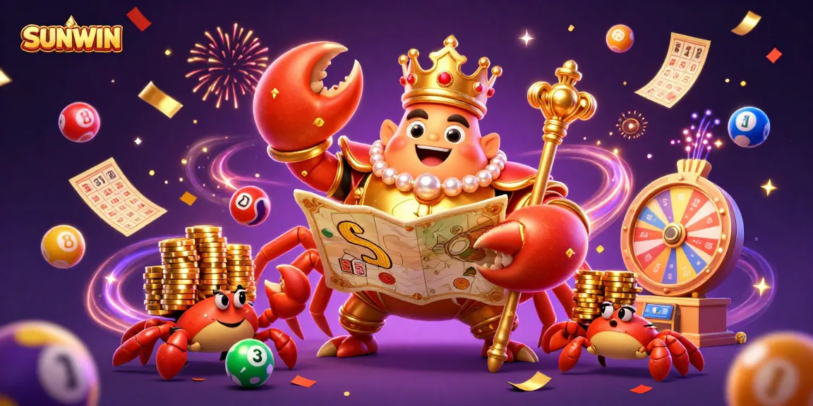 SUNWIN showcases an energetic casino scene with a golden crab emperor amidst colorful lottery elements.