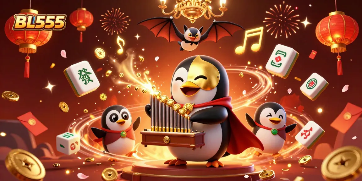Engage with BL555's vibrant gaming experience featuring a penguin playing an organ amidst a celebration of luck.