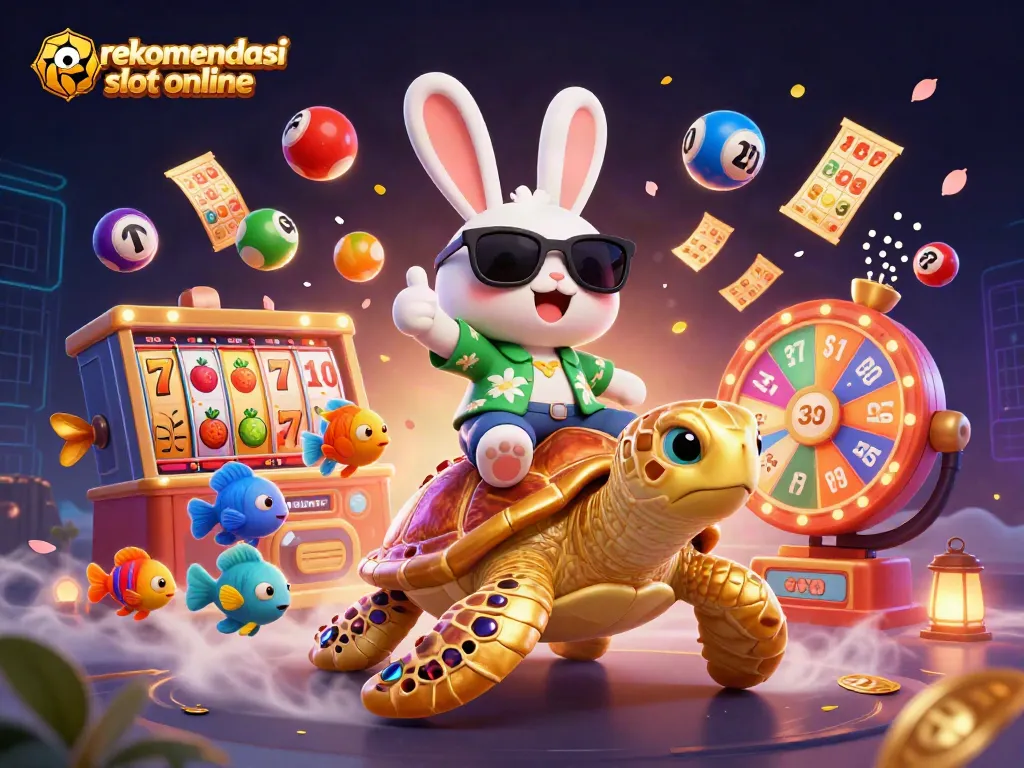 Rekomendasi slot online dengan karakter kartun bermain slot dan simbol keberuntungan.