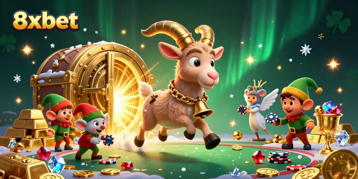 Engage in thrilling 8xbet casino games with Krampus and festive characters amidst a rich backdrop of treasures.