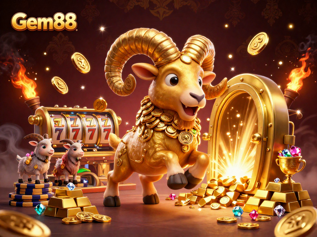 Engage with Gem88’s thrilling slot adventure featuring a charging golden ram amidst treasures and vibrant gaming elements.
