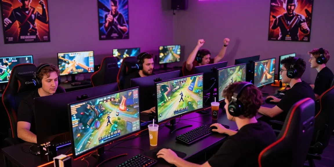 Exciting gaming lounge scene with players immersed in สล็อต gameplay, colorful setup and gaming gear.