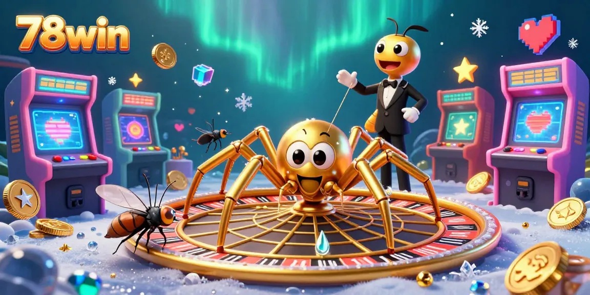 Experience the thrilling world of 78win as a golden spider spins a roulette wheel web while a fly nervously bets.