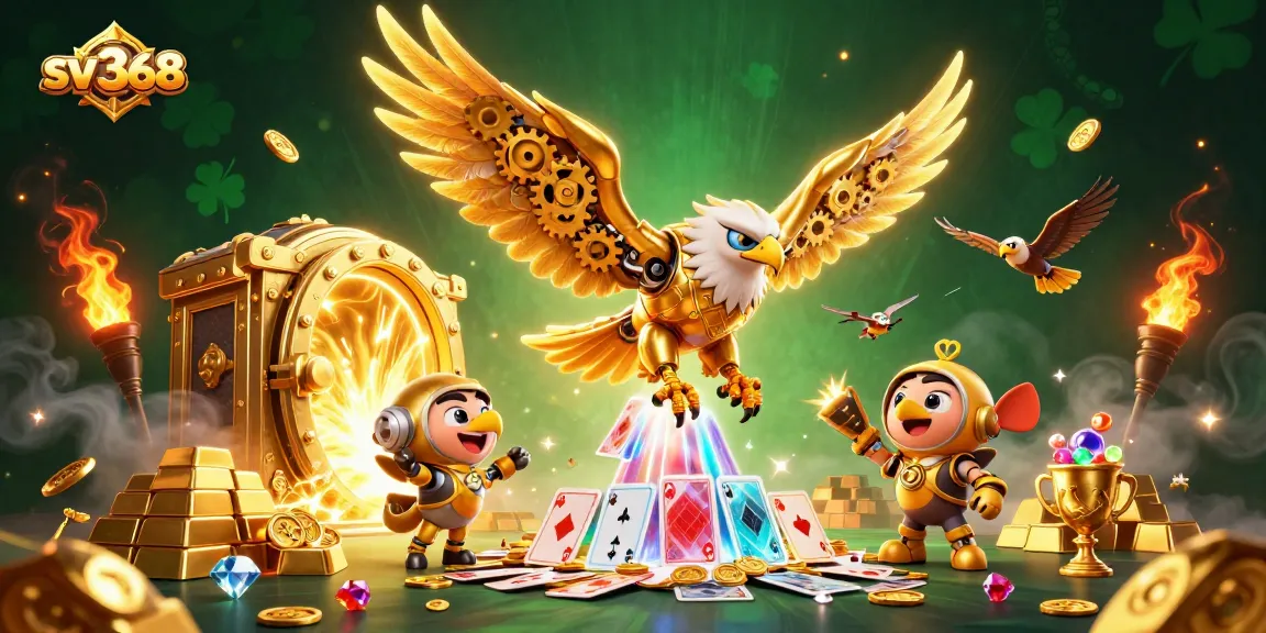 Experience thrilling gameplay with sv368's 3D golden eagle soaring through holographic cards and treasure.