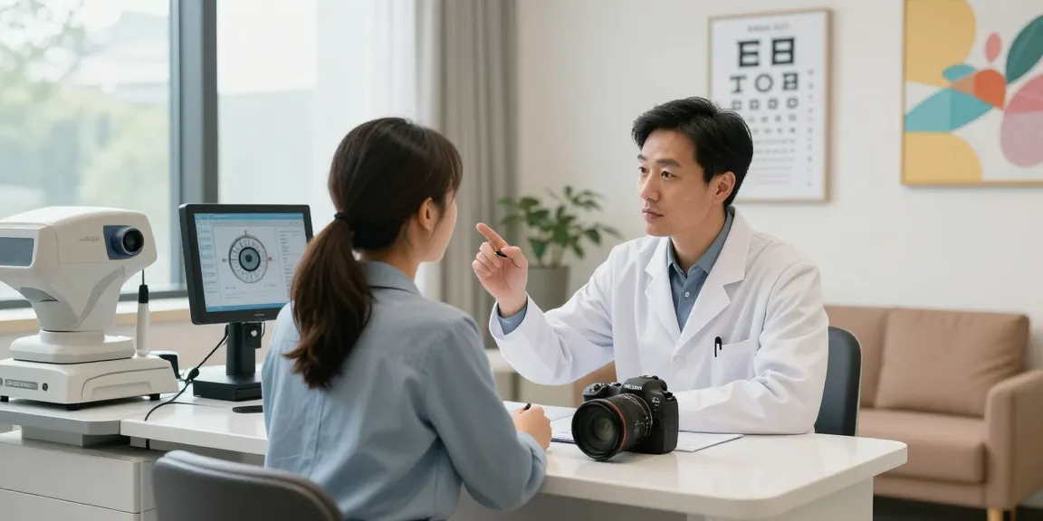 Consultation scene for eye care with site manual check options highlighted in a modern clinic.