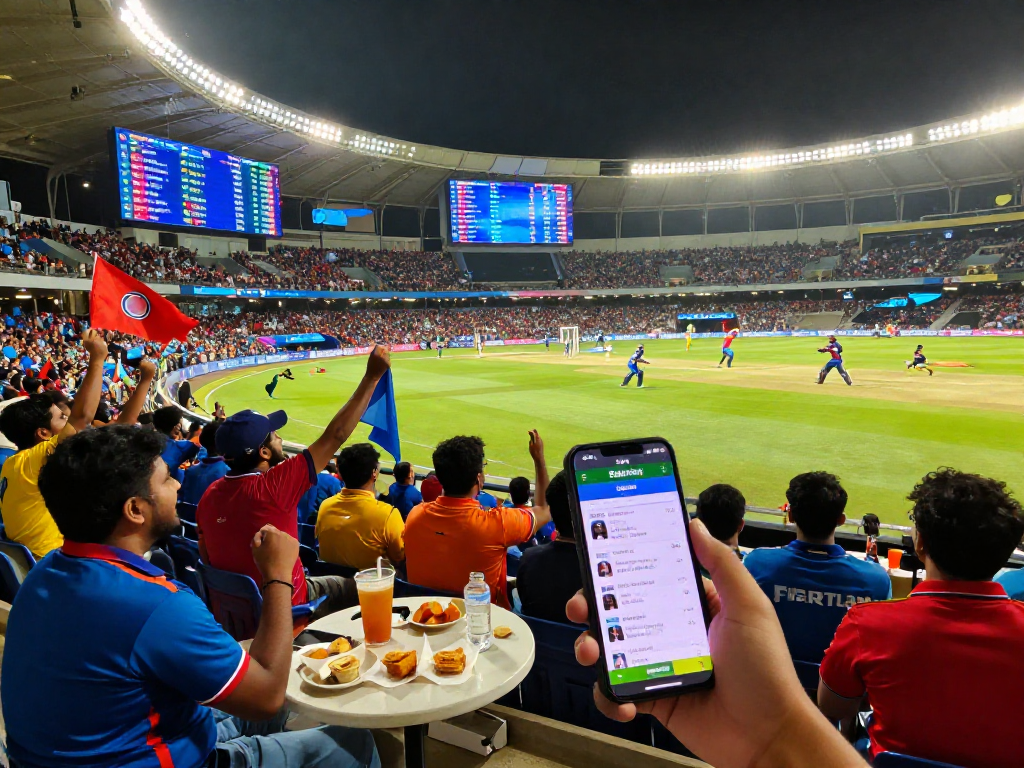Engaged fans enjoying Fair online cricket betting during an IPL match with live scores displayed.