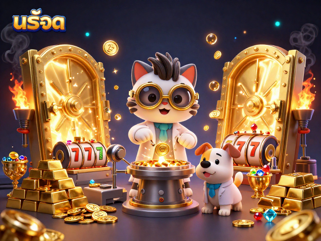 Engage with สล็อต gameplay featuring a mad scientist cat and lab assistant in a gold-filled scene.