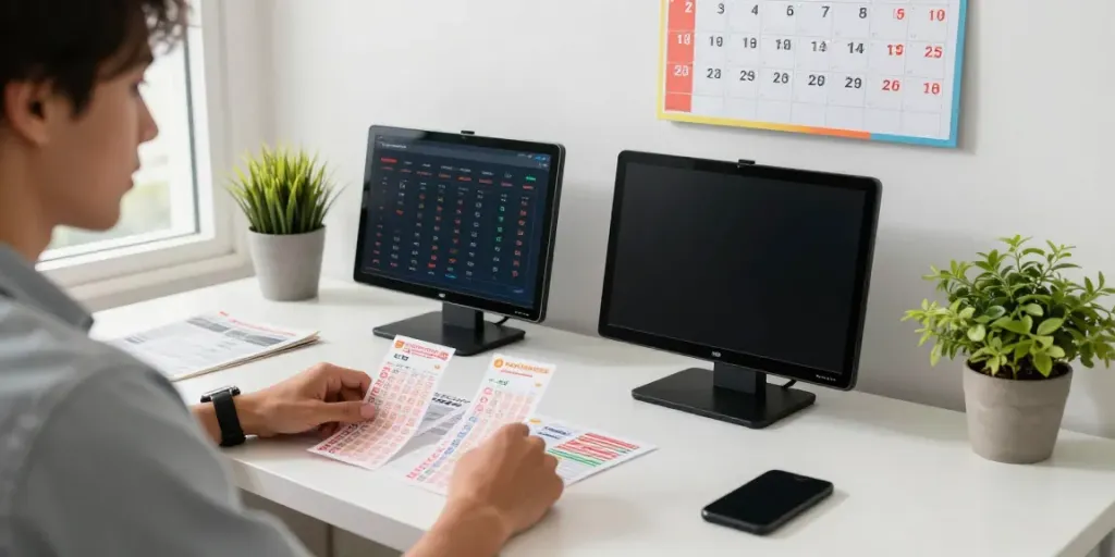 Engaged user checking unsurtoto online lottery results at a modern workspace.