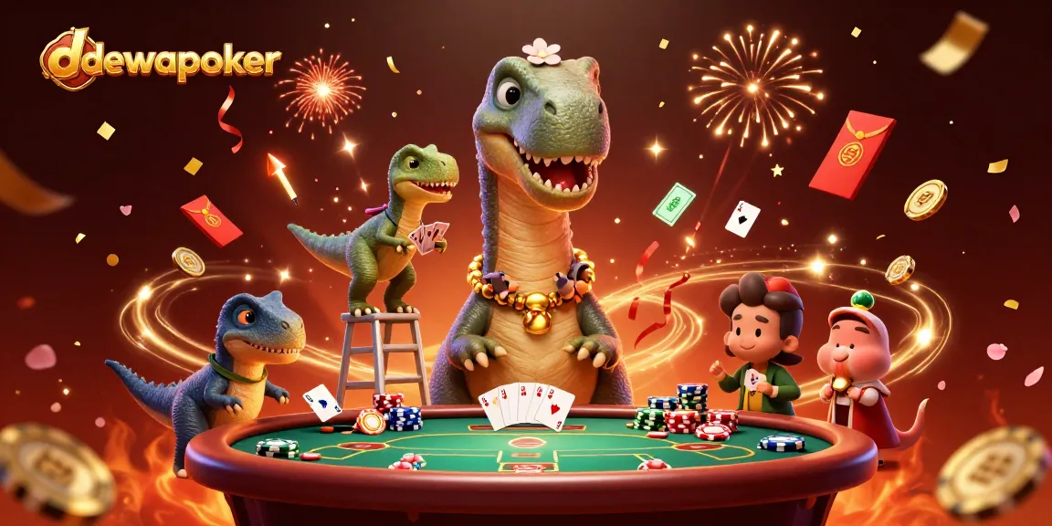 Permainan kartu di dewapoker dengan dinosaur dan efek kembang api meriah.