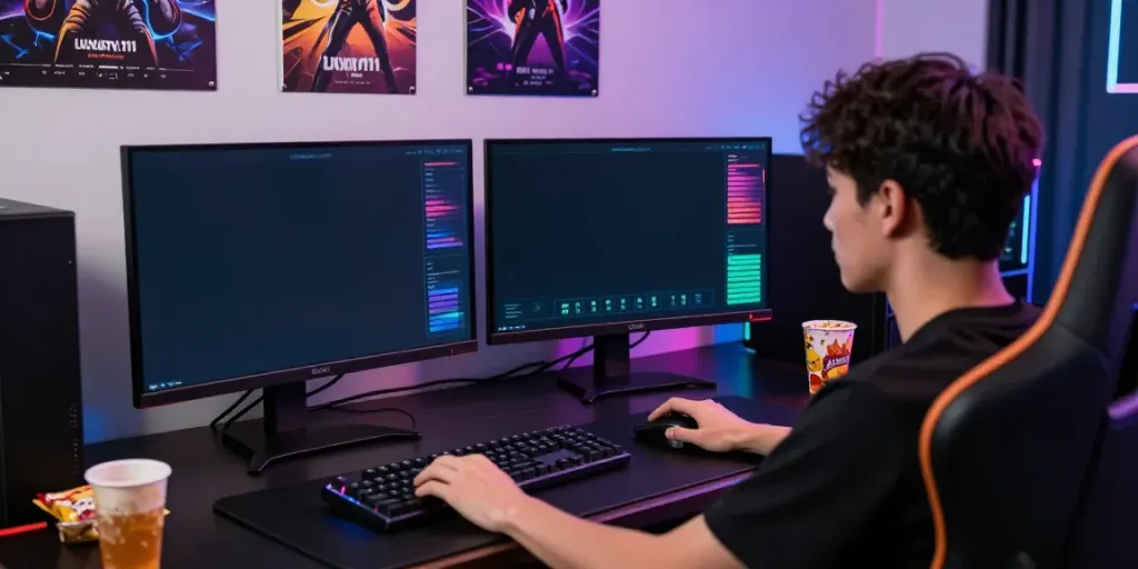 Player immersed in Luxury111 gaming setup with dual monitors and tech accessories