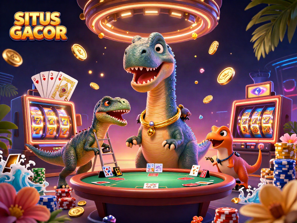 Engage in online gaming with SITUS GACOR, featuring a vibrant casino scene with dynamic slot reels and playful characters.