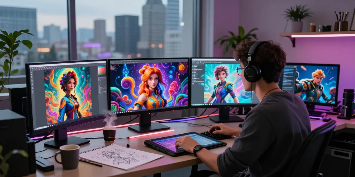 Creative workspace for NSFW AI art generation featuring vibrant digital displays, innovative atmosphere, and artist at work.
