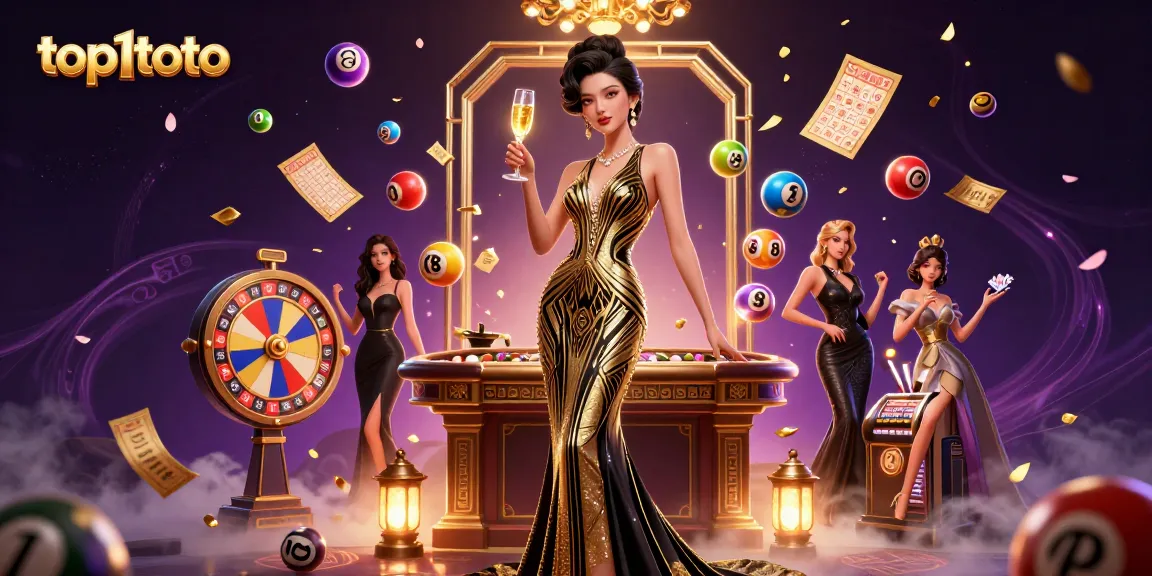 Engaging scene of top1toto with vibrant lottery balls and a glamorous Asian woman in a golden outfit.