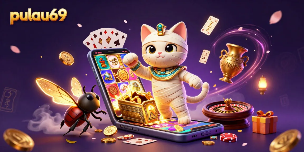 Join the excitement with pulau69's vibrant 3D casino scene featuring dynamic characters and glowing game elements.