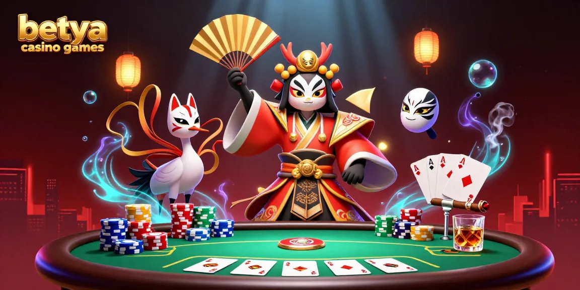 Engage with betya casino games in this vibrant 3D illustration showcasing a kabuki warrior amidst poker elements.