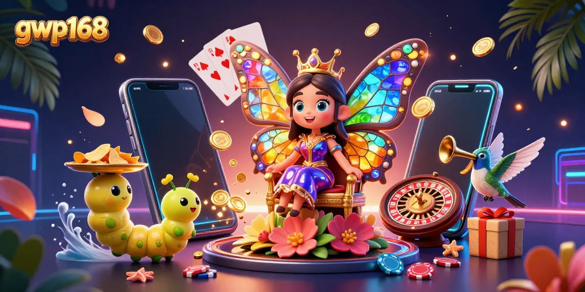 GWP168 menghadirkan ilustrasi 3D yang menampilkan ratu kupu-kupu dengan sayap kaca warna-warni dalam permainan slot.