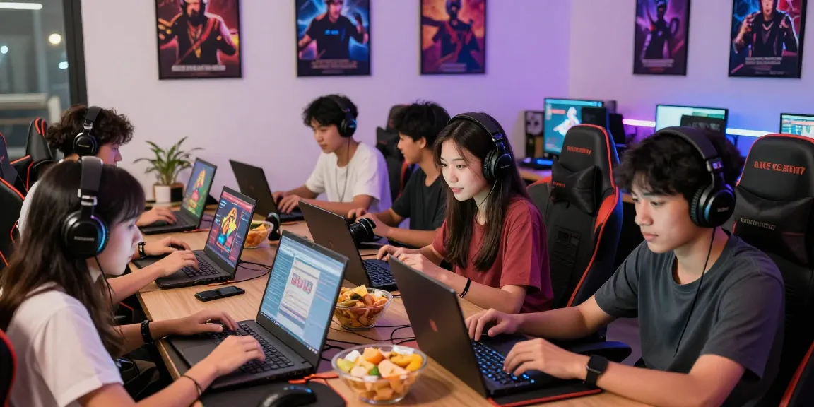Young adults enjoying deposit tanpa minimal gaming session in vibrant room.