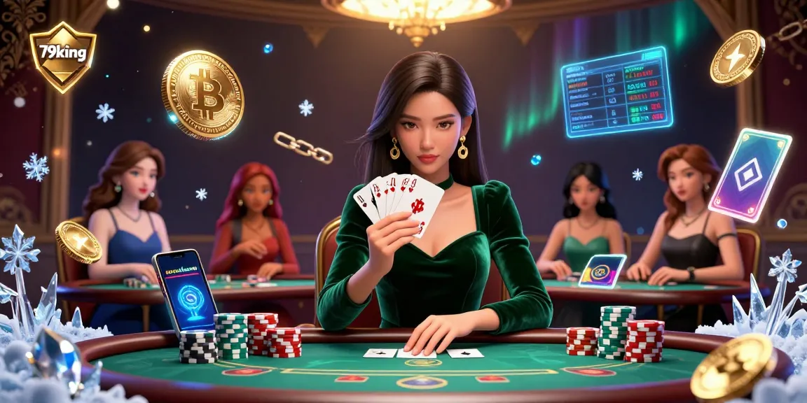 Engage in thrilling poker at 79king with a focused Asian woman holding cards and luxury casino elements.
