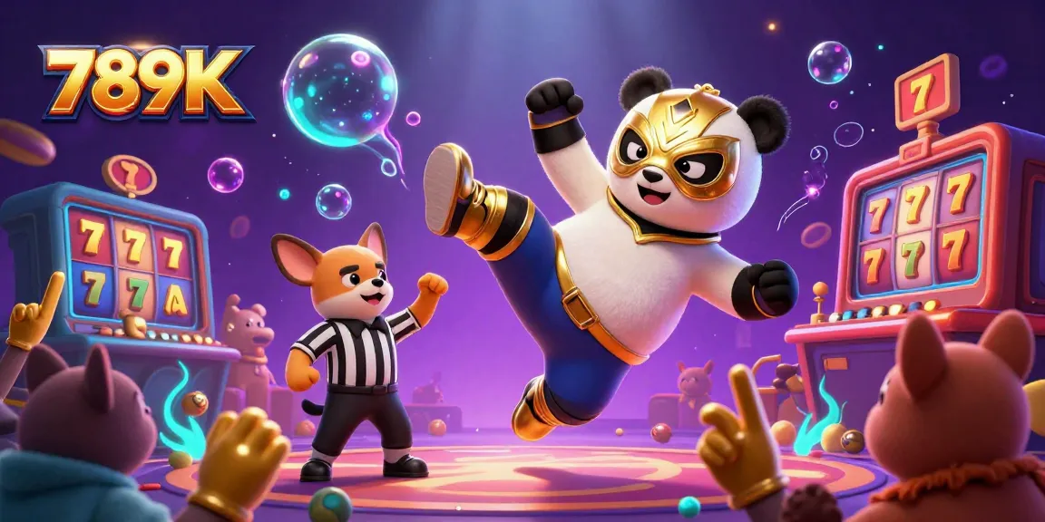 Experience the excitement of 789K casino with a 3D panda and tiny fans in a vibrant gaming scene.