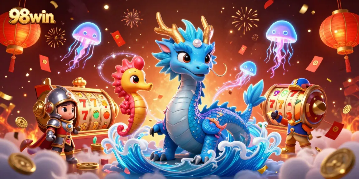 Join the excitement of 98win with our vibrant casino-themed illustration featuring a water dragon and seahorse knight.