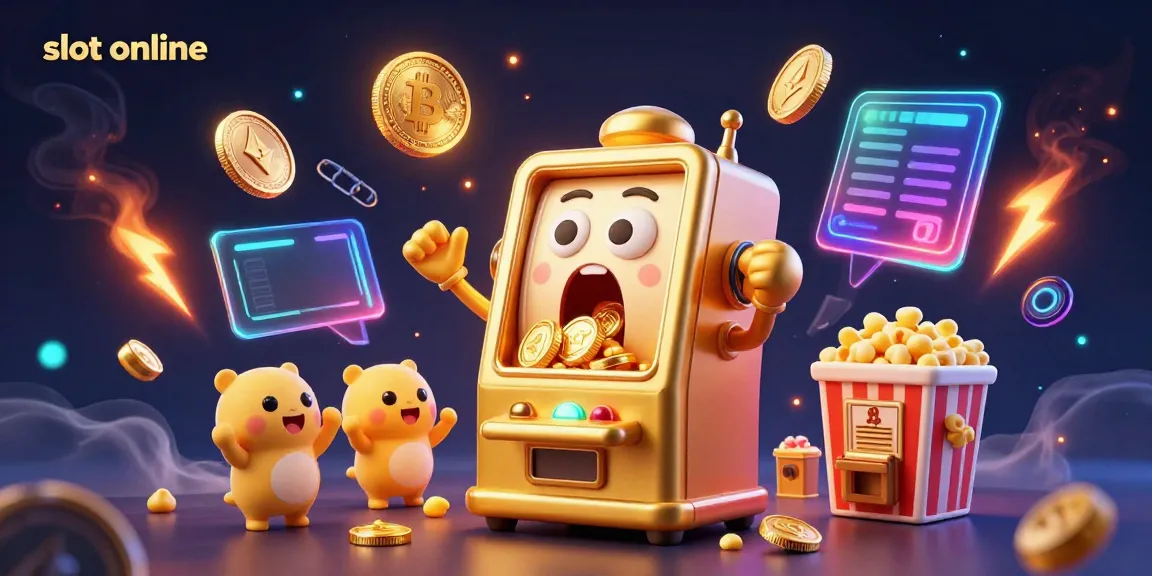 Catch the excitement of slot online action with a golden slot machine celebrating a jackpot, surrounded by cheering baby machines and crypto elements.