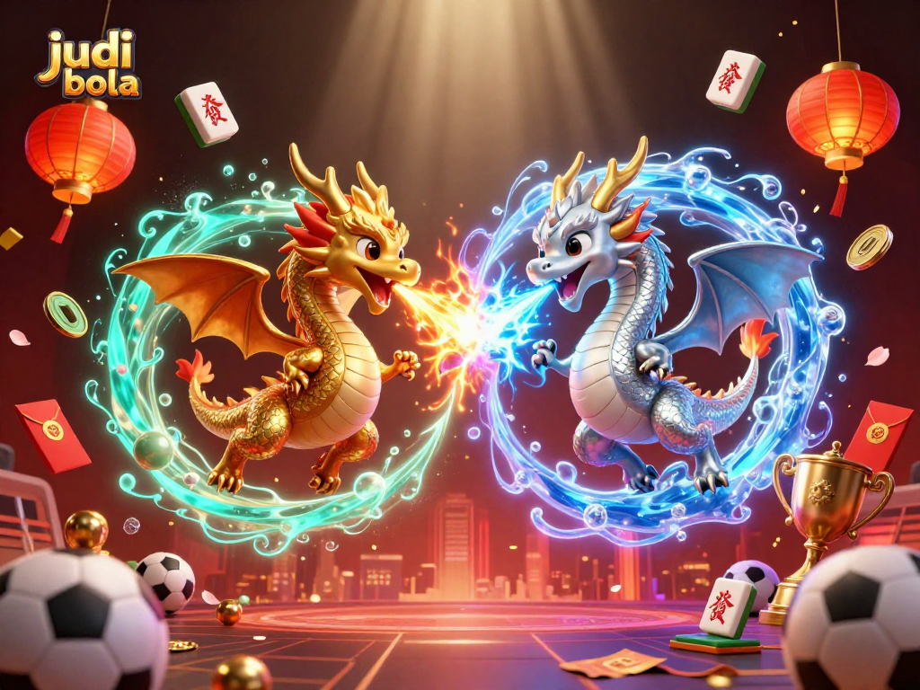 Engage in judi bola with dynamic sports elements alongside intertwined dragons and vibrant casino symbols.