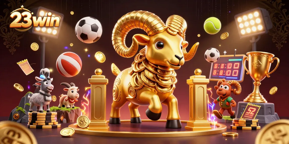 Experience the thrilling action of 23win with a vibrant illustration featuring golden ram and dynamic sports elements.