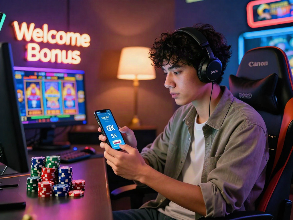 Slot deposit qris 5k on a smartphone, showcasing vibrant online gambling elements in a cozy gaming environment.