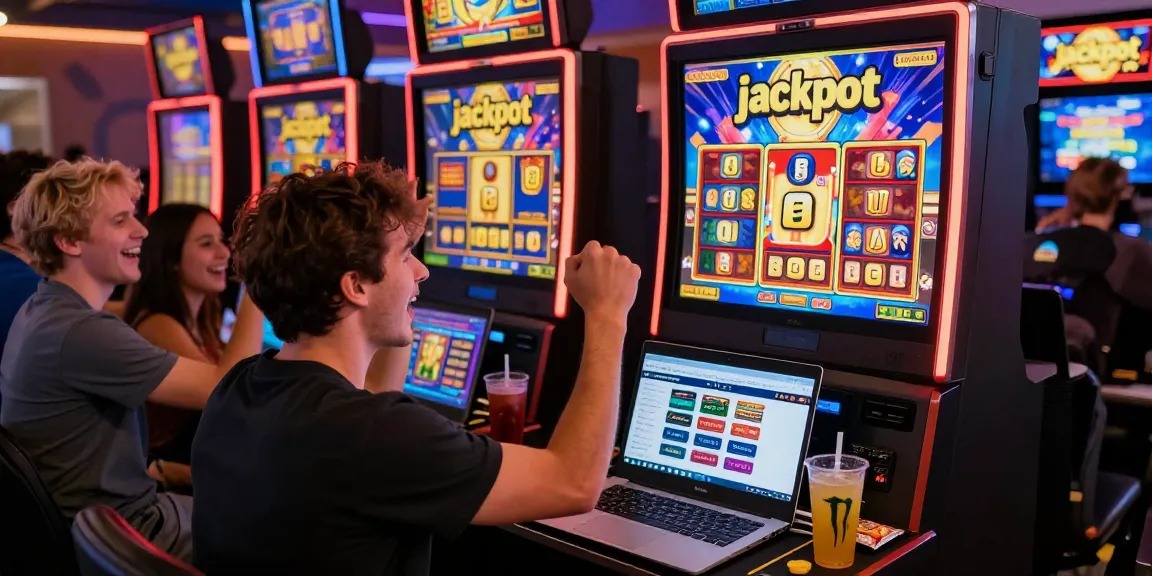 Ketegangan dalam permainan slot gacor Fujiwin88 saat pemain merayakan kemenangan besar, dikelilingi teman-teman.