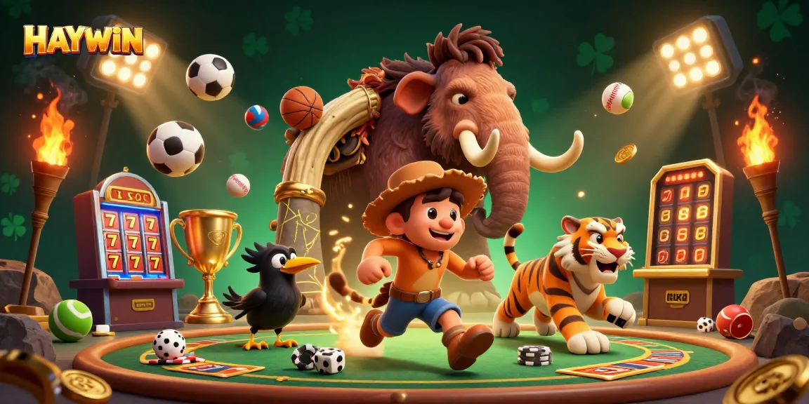 Experience exciting gaming action at HAYWIN with vibrant casino elements and characters.