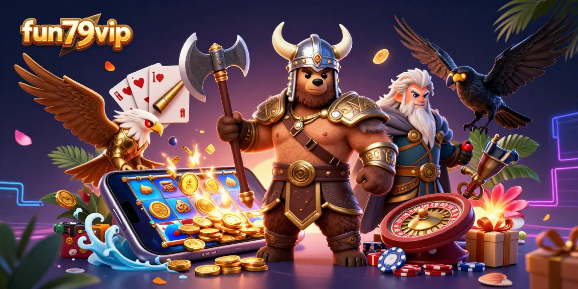 Experience fun79vip with a dynamic illustration of a Viking bear, Valkyrie eagle, and casino elements in vibrant detail.