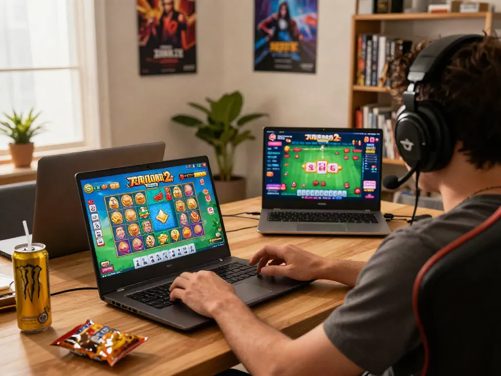 Pemain asyik bermain mesin slot Mahjong Ways 2 di laptop dengan suasana gamer yang nyaman.