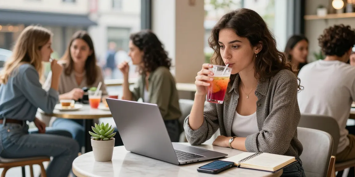 Gái gọi thư giãn tại quán cà phê, thưởng thức đồ uống và làm việc trên laptop.