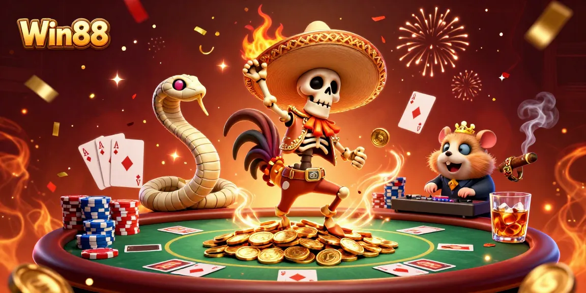 Experience the excitement of Win88 with a lively poker scene featuring animated characters.