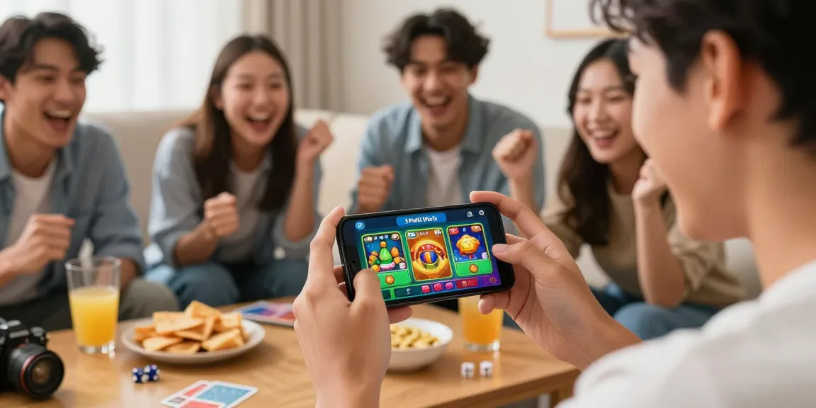Friends enjoying a game portal experience on the 3 Patti World app in a lively living room.