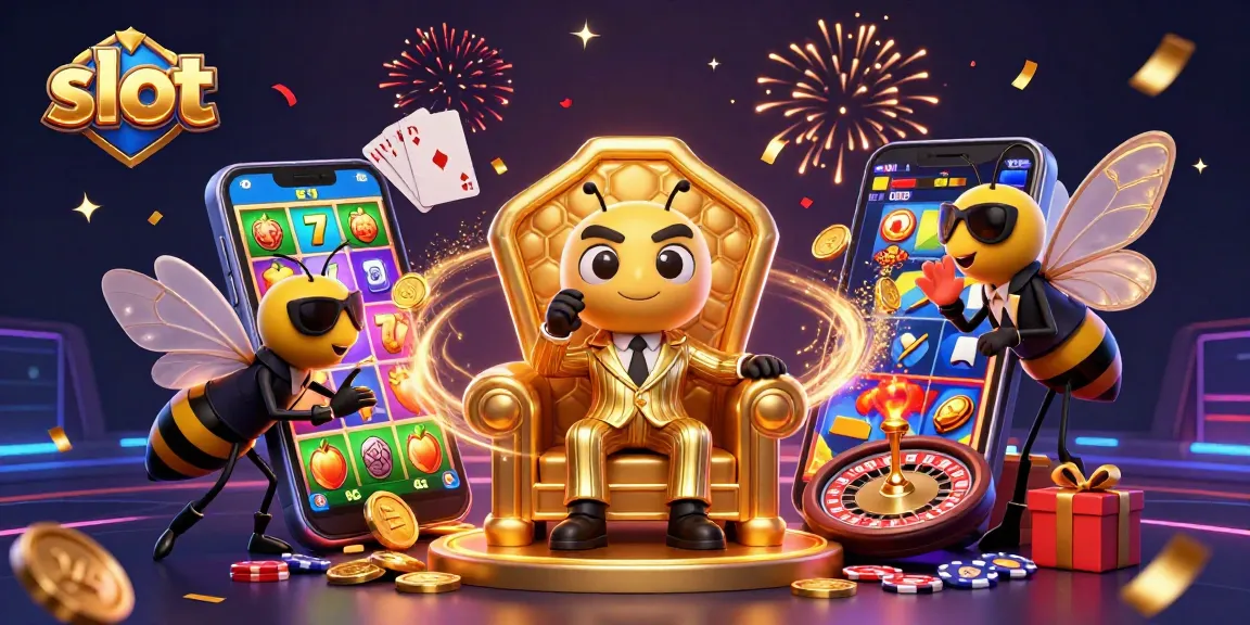 Experience vibrant slot action with a bumblebee mob boss in a thrilling casino scene.